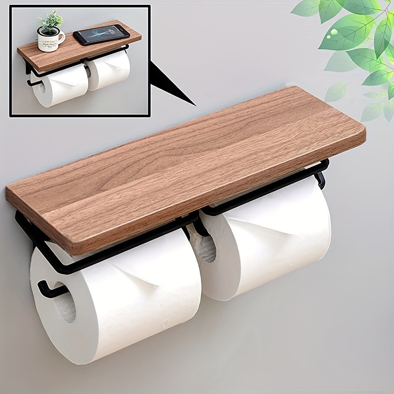 

1pc Wall-mounted Toilet Paper Holder With Shelf, Wooden Tissue Roll Storage Rack For Bathroom, Rustic Floating Shelf With Iron Brackets, Space-saver Organizer