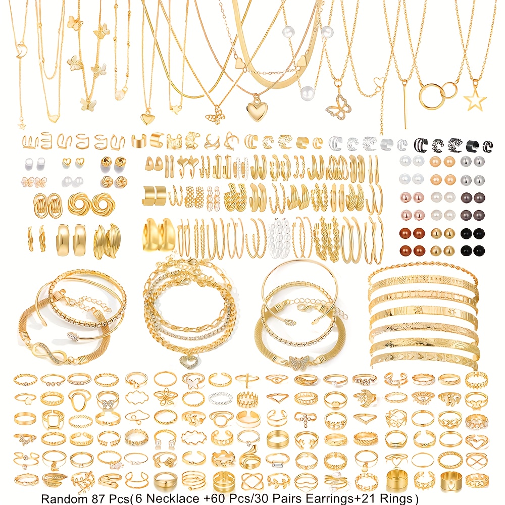 TEMU Juego de 35/51/87 piezas , diseño elegante, juego de joyería de moda para mujer con dorado, y flor, adecuado para casual, celebraciones y