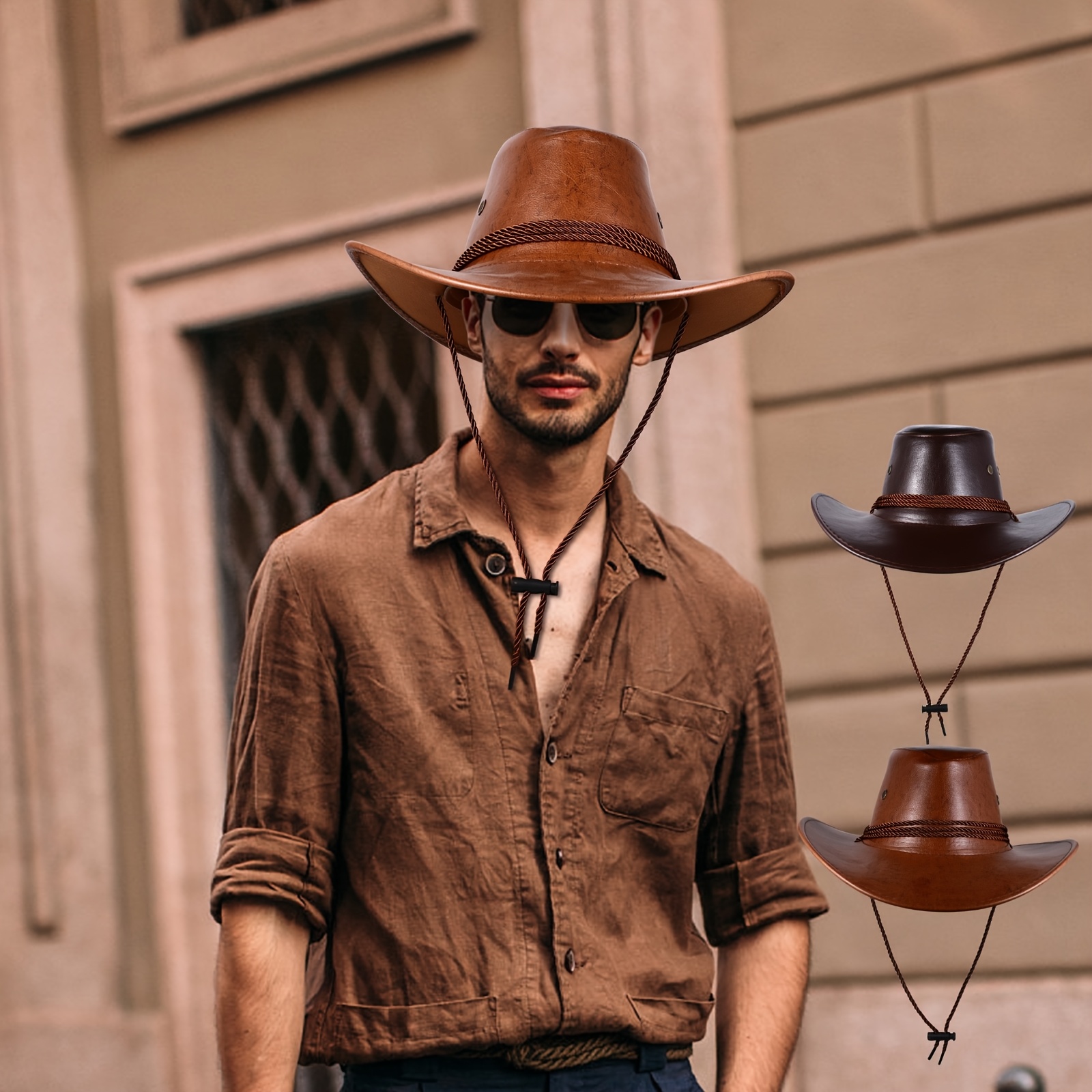 Wide Brim Faux Leather Cowboy Hat with Belt - Unisex Outdoor Fedora Compass - Walrus Hat Diamond Crown Wool Felt Fedora Hat  main image 2
