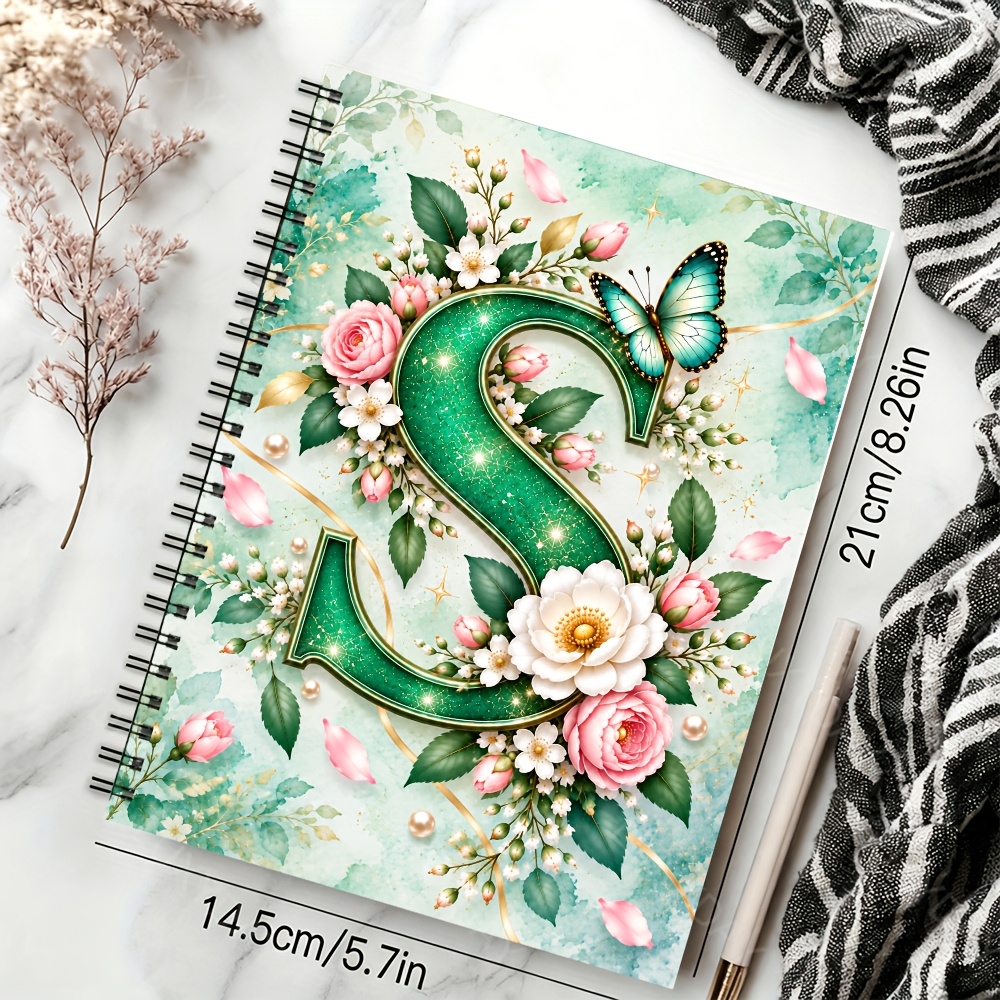 TEMU Initial Letter Floral A5 Spiral Notebook, Mint Watercolor Background, Pink White Roses, And Pearl Cover For Journal, , Work Notes And Daily