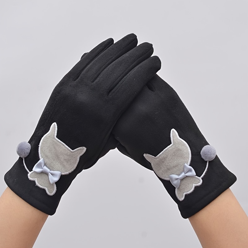 Image of A Pair Of Women's Warm Winter -lined Stretch Gloves With Fashionable Kitten Design, Touchscreen Compatible
