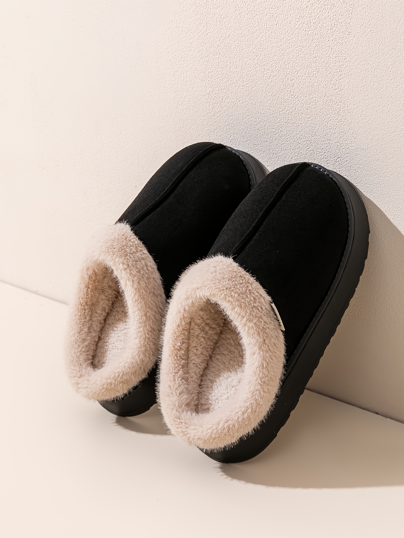 1 par de pantuflas de felpa acogedoras para hombre,   gruesa antideslizante de felpa   de invierno, calzado casual de moda de color   para interiores/exteriores, estilo minimalista, punta redonda, parte    ,   de eva, forro y plantilla de tela. detalles 9