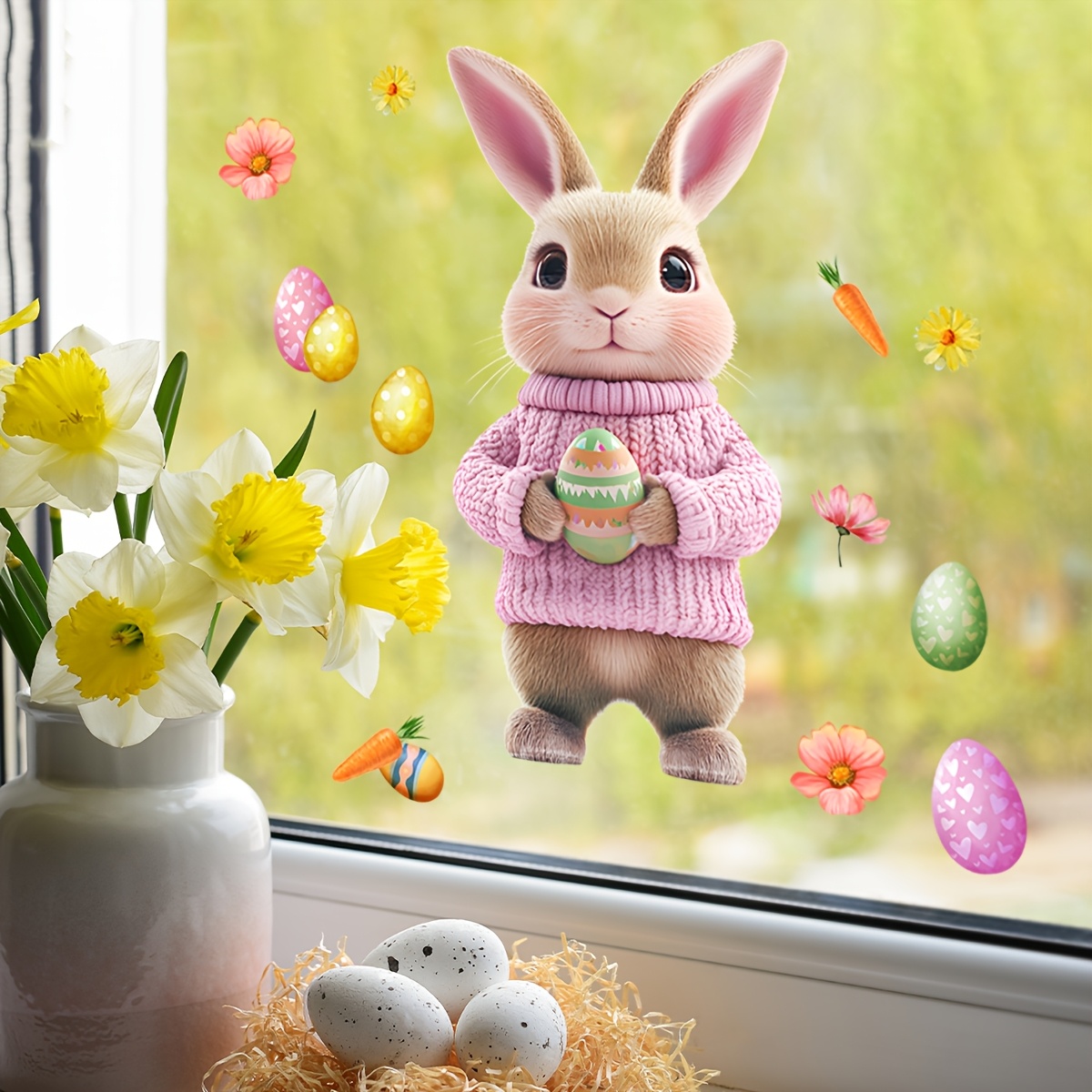 

Easter Bunny Holding Egg Dual-sided Window Decal - With And Flowers, Reusable Pvc Glass Sticker For Decor, Rabbit Accessories