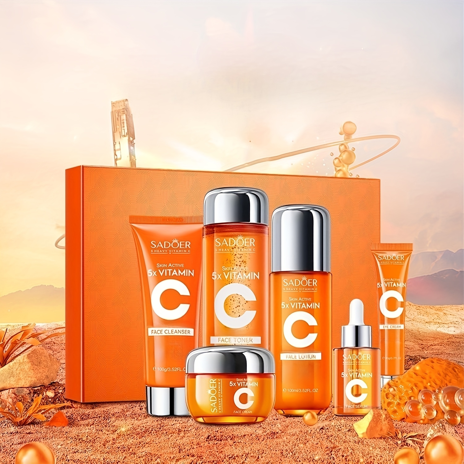 TEMU 6pcs Hydrating Skincare Set With Vitamin C & Niacinamide, Face Care Kit Includes Toner, Serum, Cleanser, Moisturizer, Eye Cream & Body Lotion |