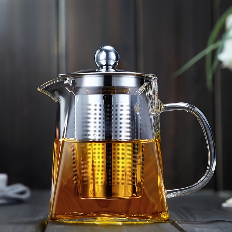 TEMU 1pc Large Capacity Glass Teapot With Stainless Steel Infuser - Thickened High-temperature Resistant Teapot, Suitable For Loose Leaf Tea, Herbal