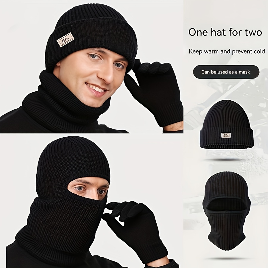 

1pc Xwpm 2-in-1 Men's Beanie Balaclava - Polyester Knit Fabric, & Cold-resistant, Convertible Hat And Mask Combo For Cycling, Skiing, Hiking - Black