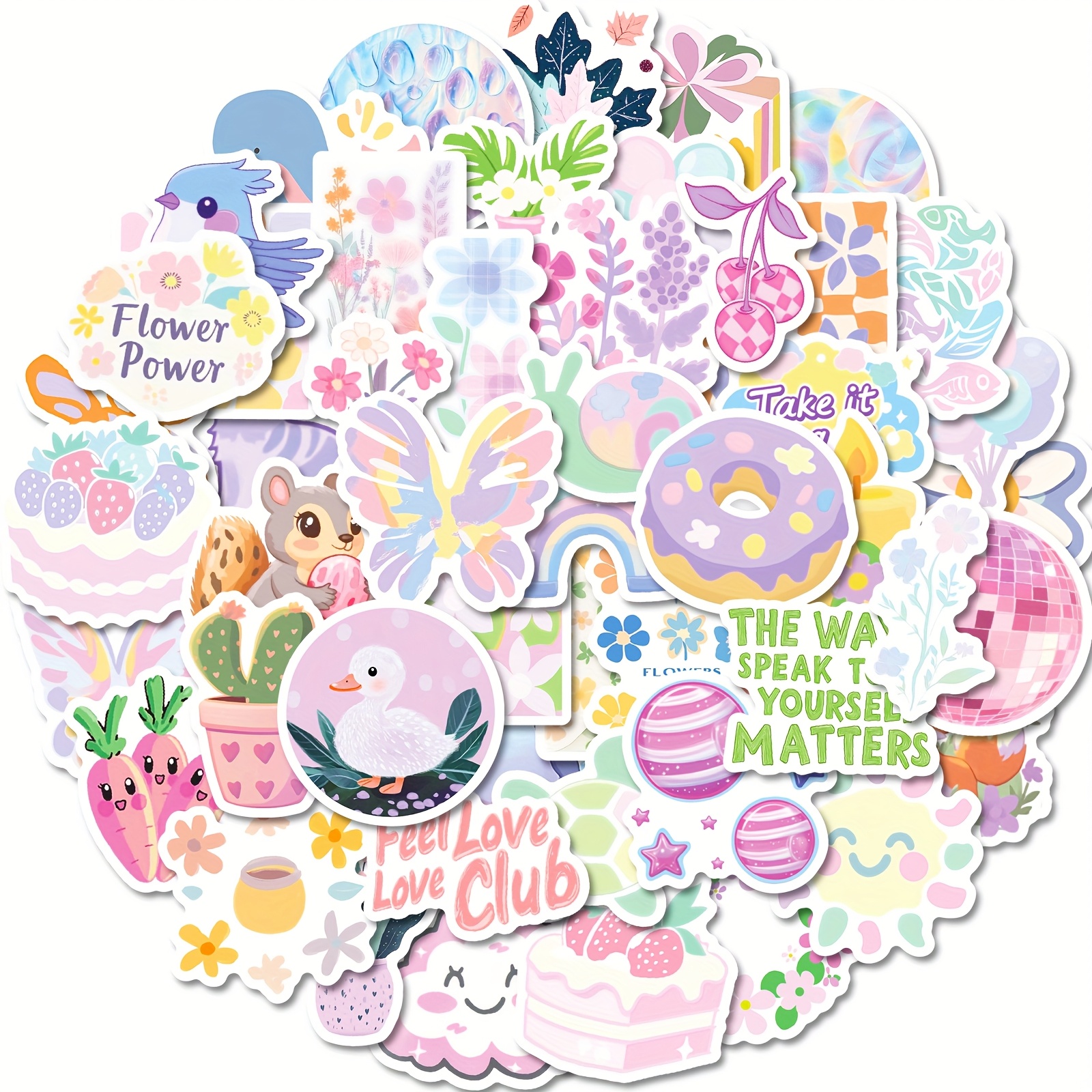 50pcs Spring Flower Stickers Non-repeating - & Multicolor Cute Bunny, Bees, , Strawberry, Donut, Rainbow, Hearts, Cupcakes - Book For Teens, Scrapbooking, Journals, Diy