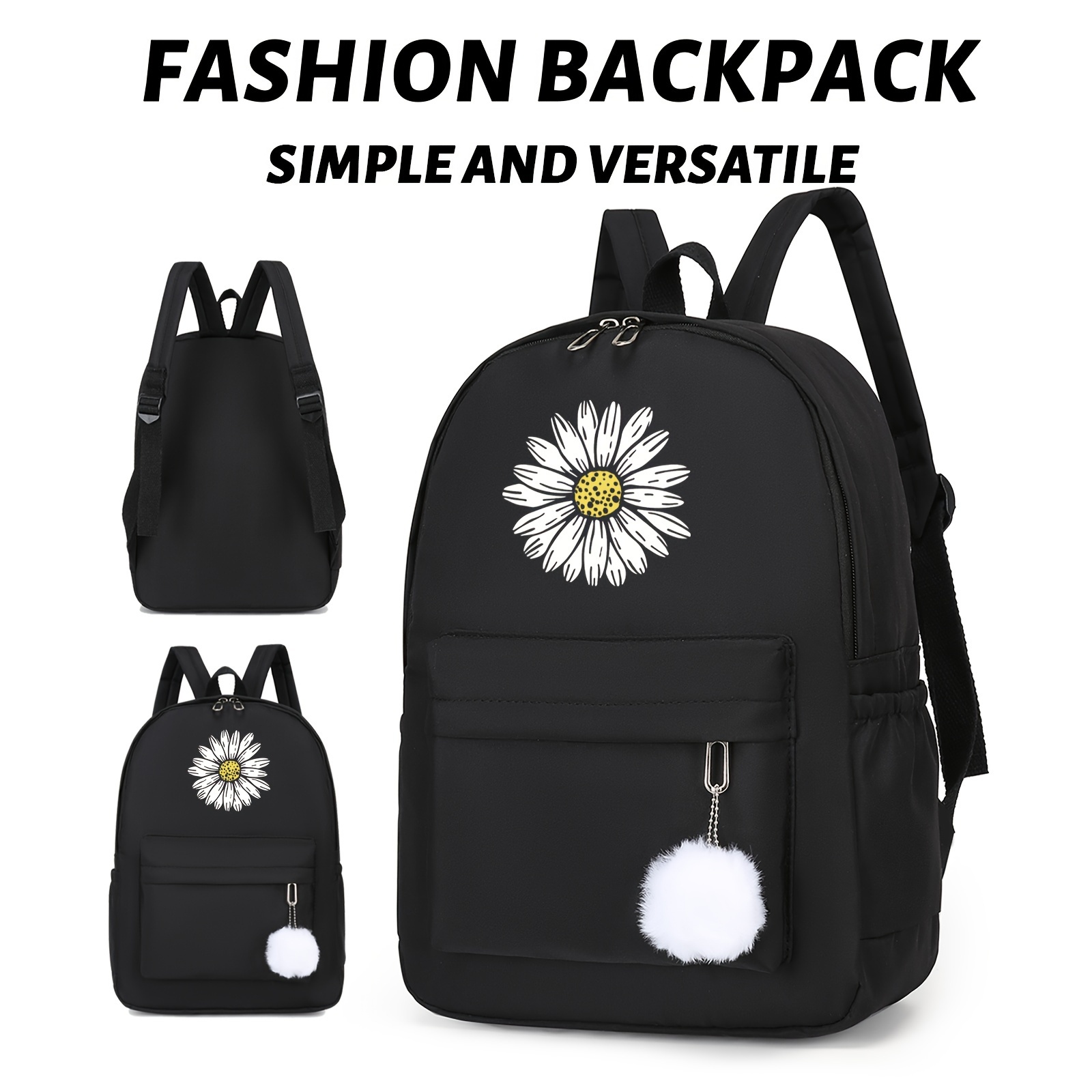 

Elegant White Flower Print Stylish And Versatile Black Backpack, Perfect For Travel With Its Large Capacity, Multi Functional Backpack, Suitable For Women And Men, Can Be Used For Various Purposes