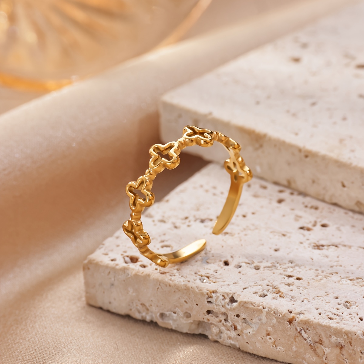 Women's Golden Stainless Steel Clover Splicing Open Ring