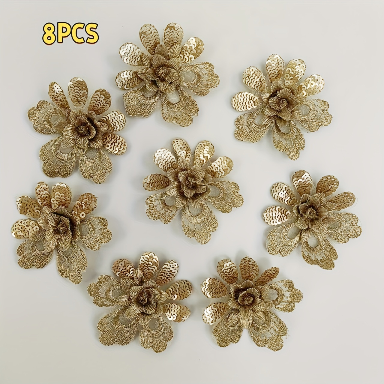E-shop 8 Stück goldene 3D-brolierte Blumenflicken, 2.17Inx2.17In, mit Perlen und Spitze, mit einem exquisiten und filigranen, geschichteten