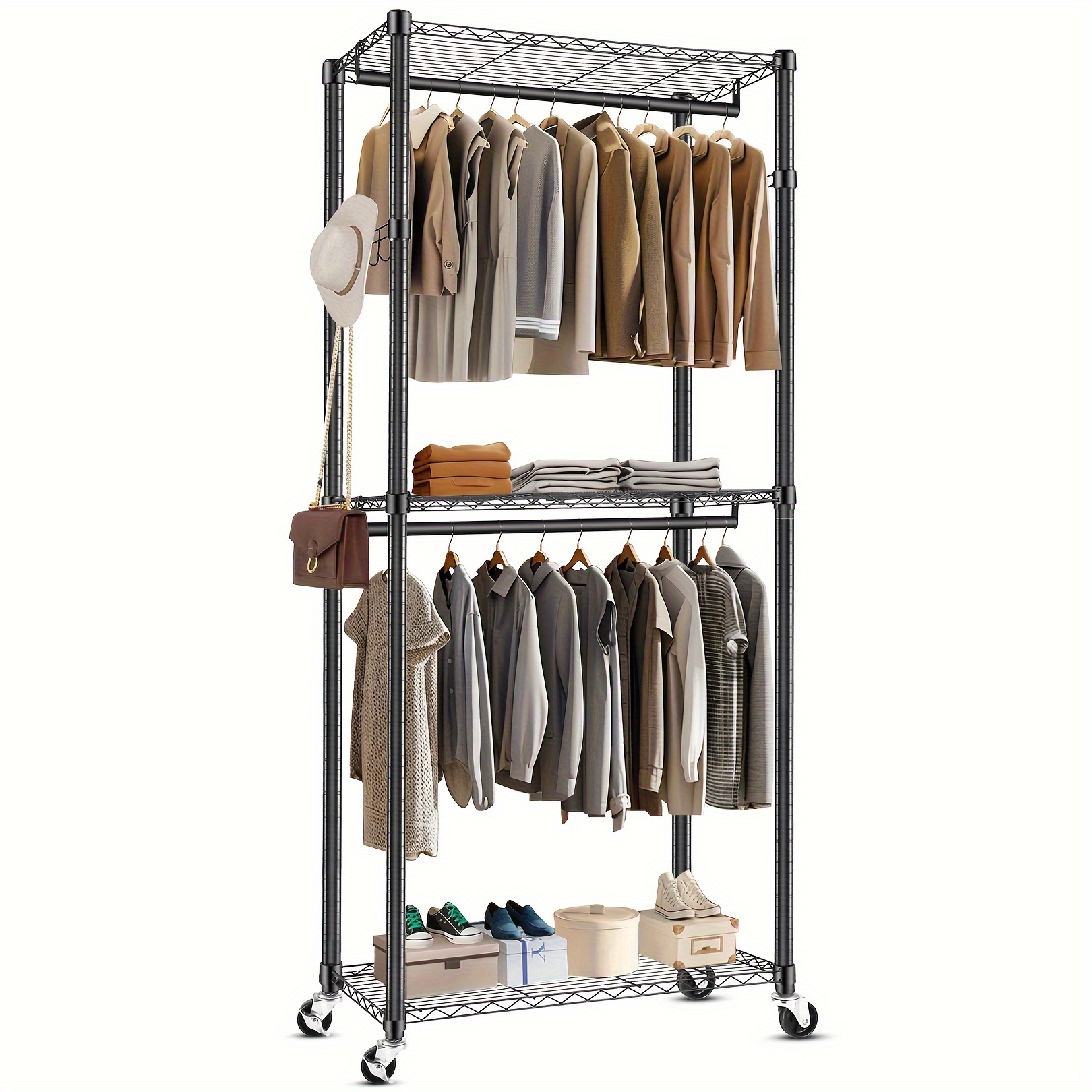 TEMU 3-layer Storage Rack, Large Clothes Hanger, Heavy-duty Storage Rack, Metal Clothes Hanger, Standing Storage Rack With Hook Casters, Independent