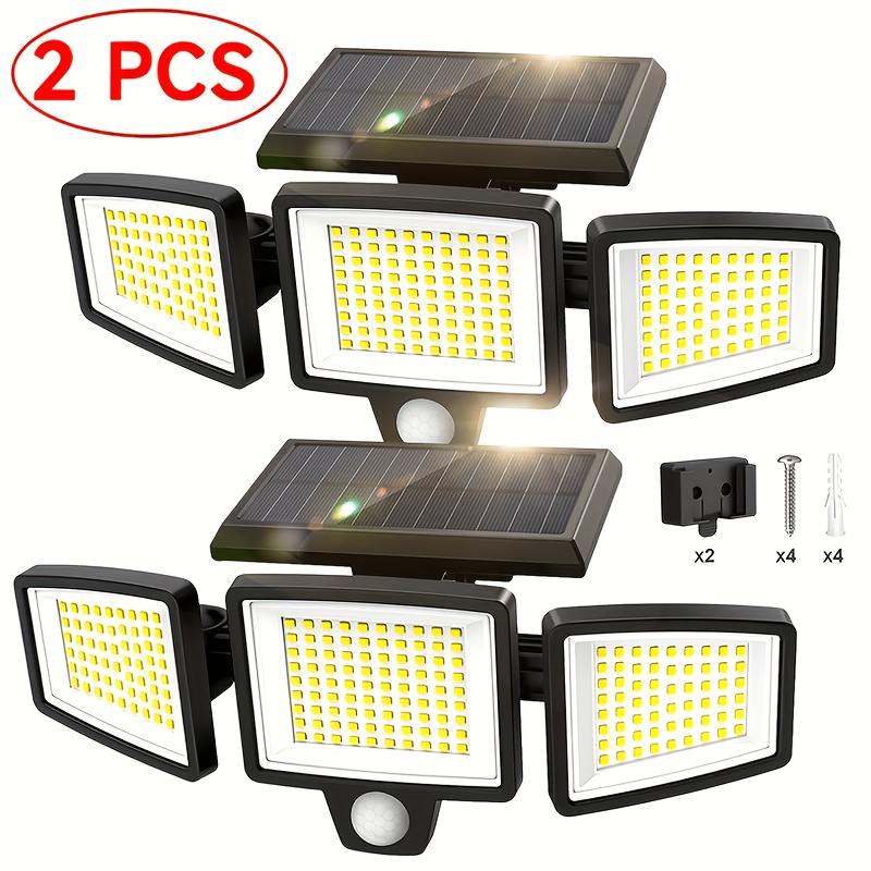 TEMU 2pcs 3-head Solar Outdoor Lights With 210 Led Beads, 270 Wide Angle , Pir Motion Sensor, 3 Lighting , Ip44 Weatherproof. Rotatable Adjustable