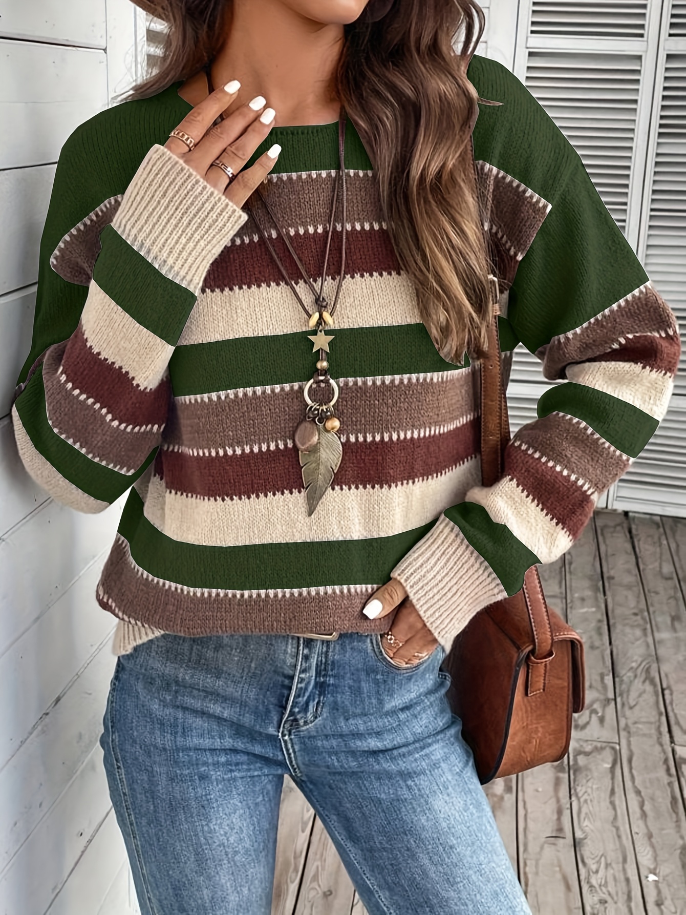 vintage casual dames trui - zacht, medium-rekbare ronde hals lange mouw, horizontaal gestreepte losse pasvorm pullover voor   in alle seizoenen & dagelijkse elegante  , schattige sweaters, elegant laagje, duurzame gebreide kleding 2