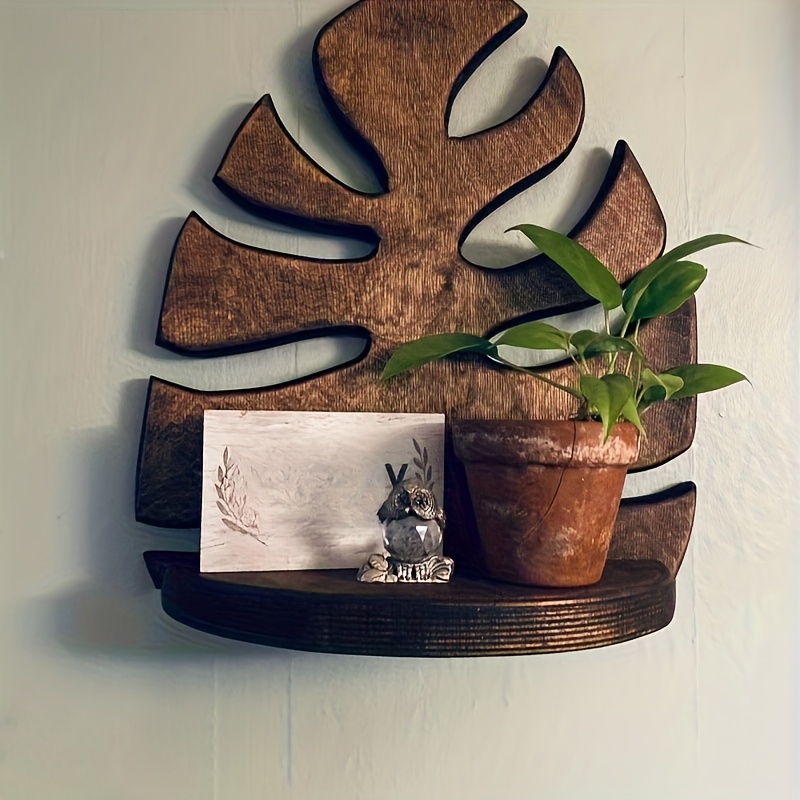 TEMU Natural Wood Wall Shelf Shaped Like A Leaf, Measuring 9.84 Inches By 7.08 Inches. This Small Storage Rack Is Perfect For Displaying Small Plants