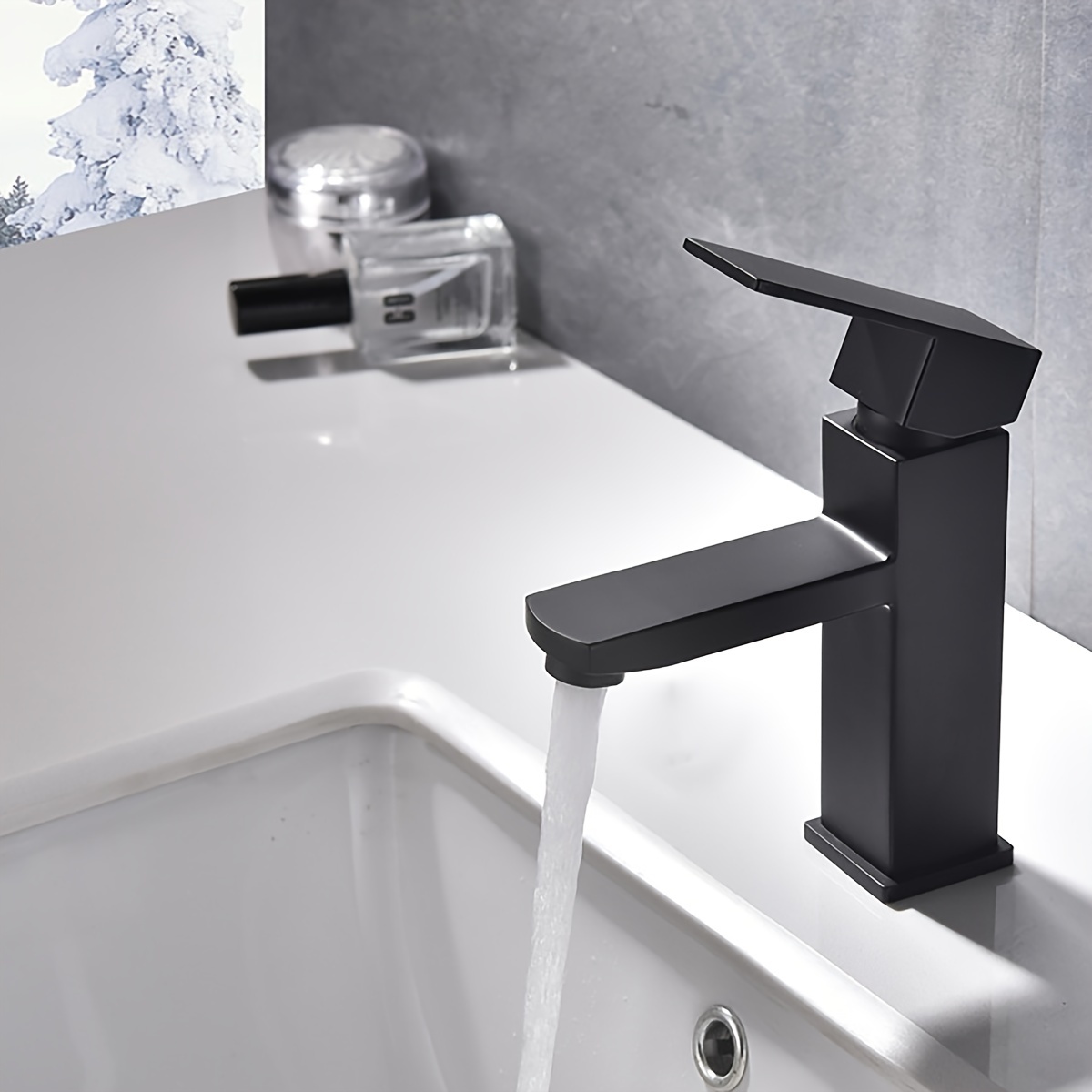 

1pc Black Stainless Steel Material Square Bathroom Faucet, Simple Style Hot And Cold Adjustment Basin Faucet With Seal Ring Fixer Parts