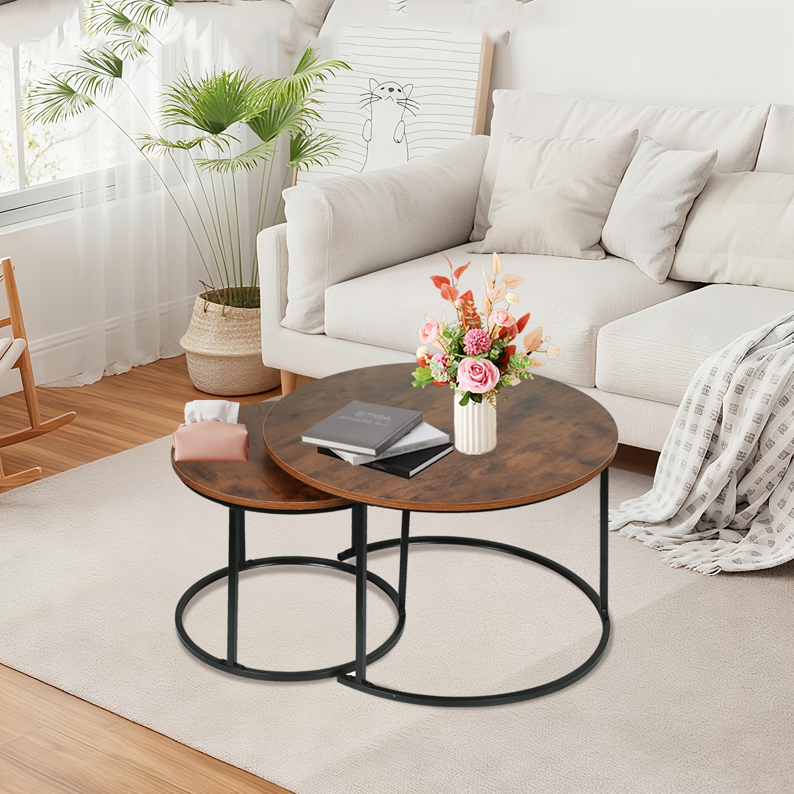 Two-piece Round Nesting Coffee Table Set, Stackable, , Metal Legs, Suitable For Living Rooms, Dining Rooms, Bedrooms, , Easy To Assemble, Diameters: 60cm And 40cm.