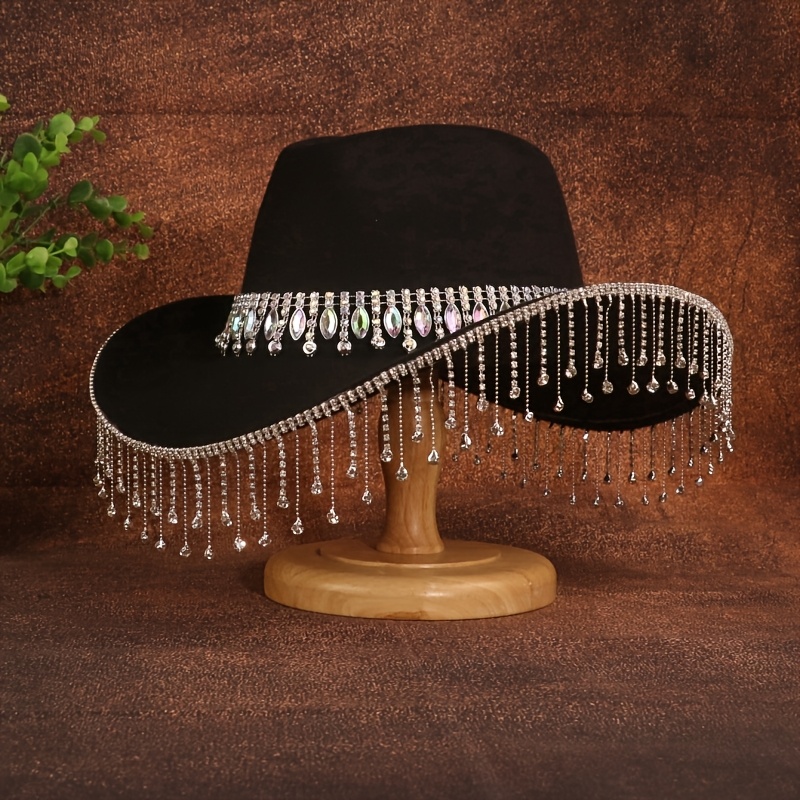 Image of 1pc Elegant Water Drop Diamond Cowboy Hat, Rhinestone Tassel Decorate Exquisite, Felt Hat, Suitable For Events Parties And Gatherings