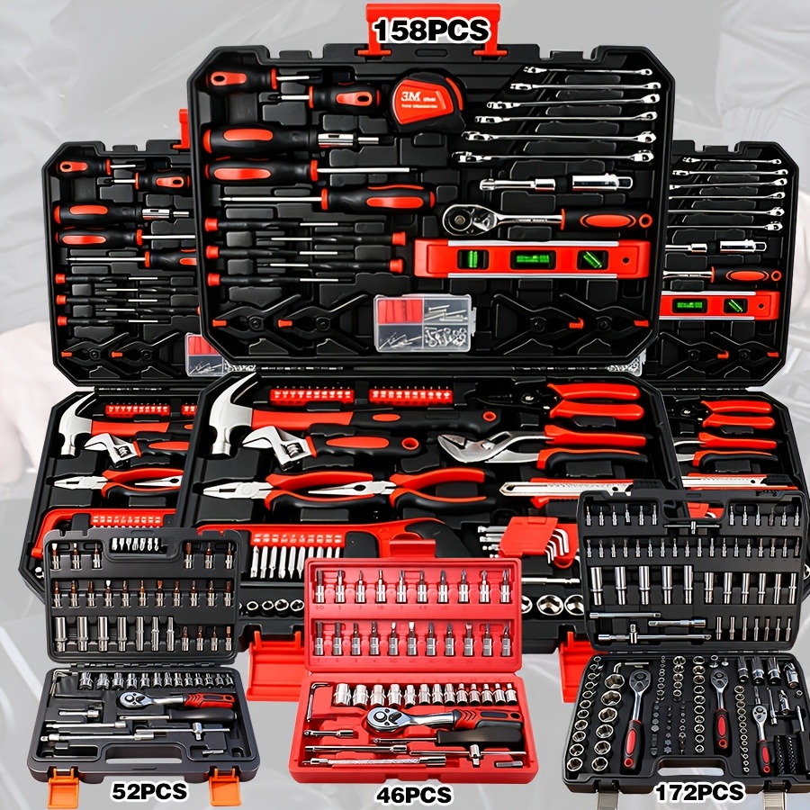 Tool Set:158/52/46/172pcs   Household Hand Tool Set, Household Basic Repair Tool Set   with Plastic Storage Case, Socket Wrench Set for Home And Car (Red/Black)