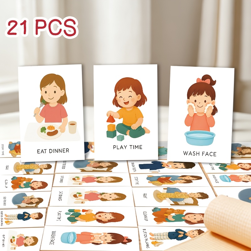 Image of 21 Cards Of Daily Routines Cognitive Flash Cards- Crads With Scenes, Routine Cards, Mixed Colors, Durable Paper, Ideal For Home - Cute Cartoon Routine Flashcards, Daily Chore Cards