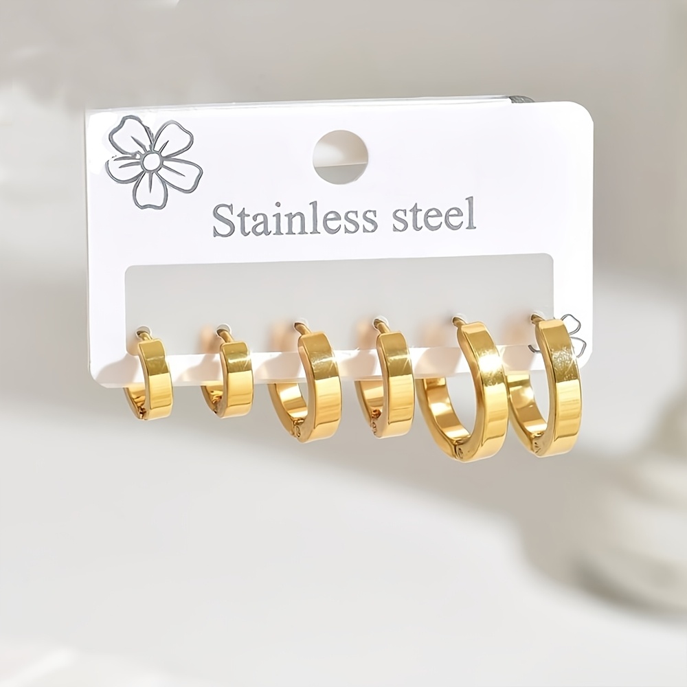 TEMU Juego de 6 piezas de aretes planos 2D minimalistas versátiles de acero inoxidable de calidad, aretes de aro para mujer planos/curvos de 10 mm/12