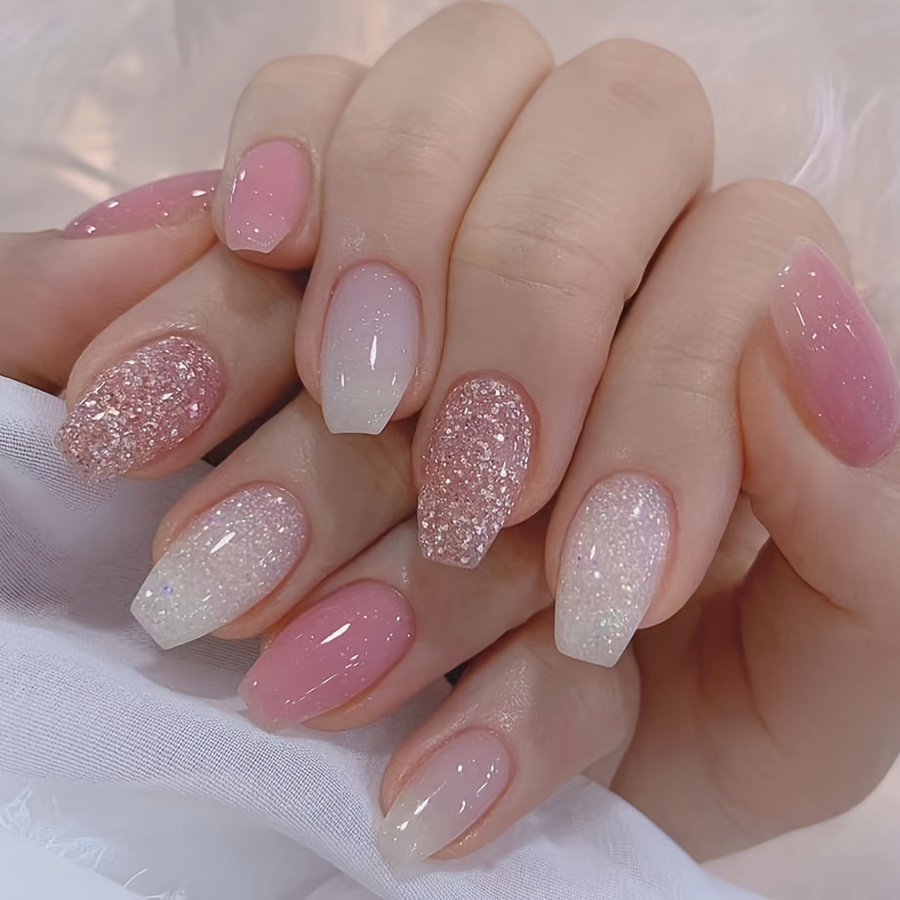 Image of 24pcs Spring Summer Full Coverage False Nails Powder White Gradient Peach Bright Shimmer Fake Nails Gentle Sweet Premium Wearable Nails Nail Stickers Suitable For Women And