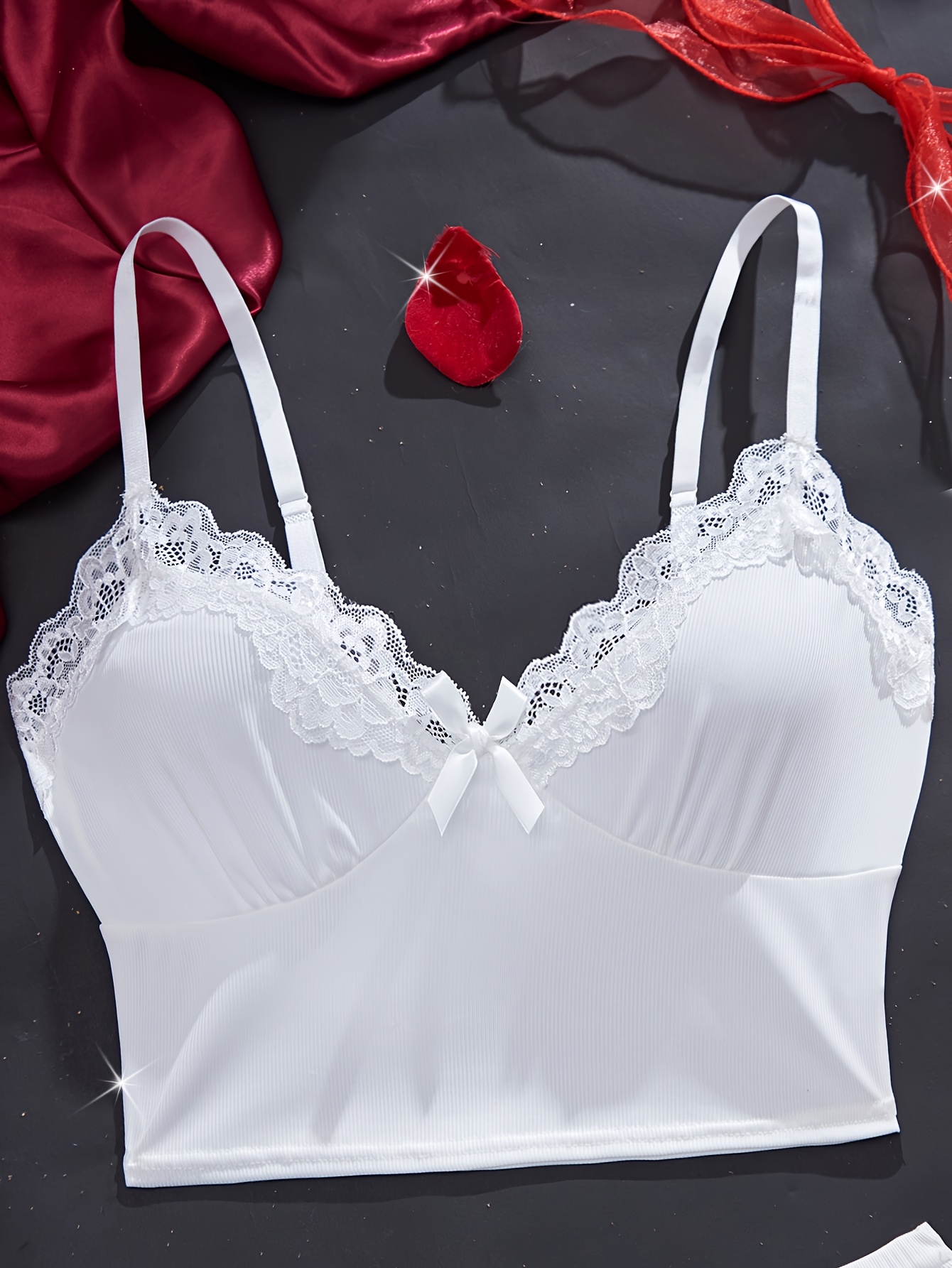 2 piecesolid color   pajama set contrast lace bow halter top shorts womens   pajamas Product details 7