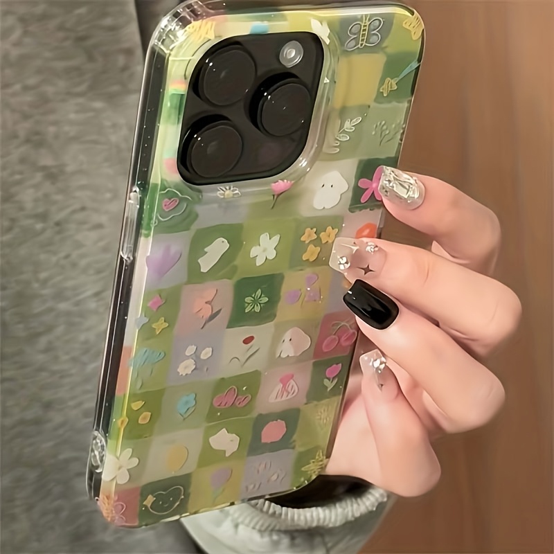 TEMU Phone Case - A Semi-transparent White Light Effect Rabbit Phone Case With An Ind Green Grass Check Floral Pattern, Compatible With Iphone 11