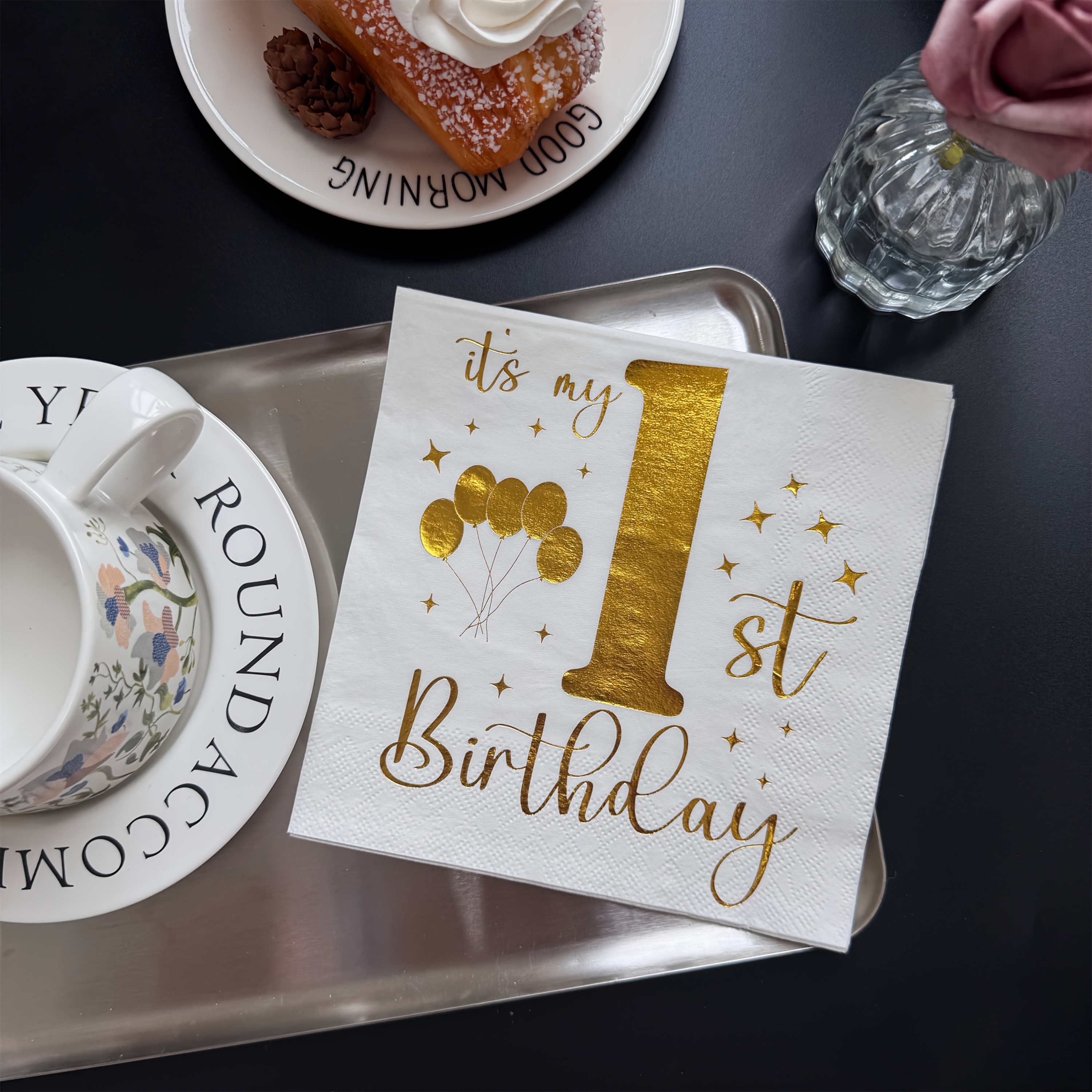 16pcs Of Disposable 3-ply White Napkins For A 1st Birthday Celebration, Measuring 13x13 Inches, Perfect For Decorations At A First Birthday Party, Suitable For Restaurants, Dessert Shops, Gatherings
