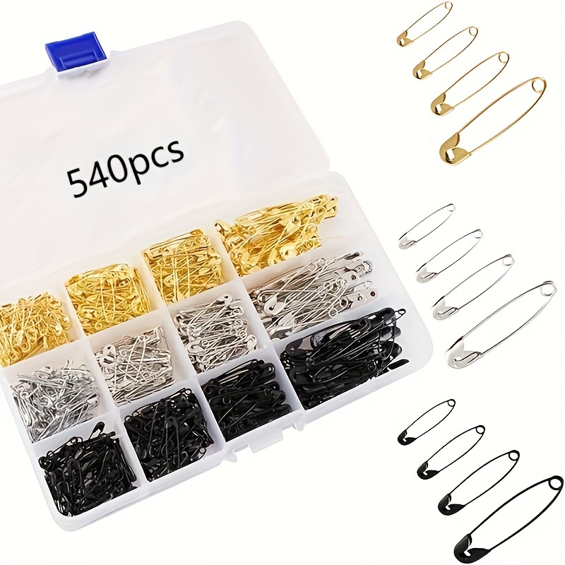 

540-piece Safety Pin Collection In Silvery & Black - 4 Sizes, Robust & Secure For Clothing, Crafts, Sewing, Jewelry Projects - Comes With Convenient Storage Box