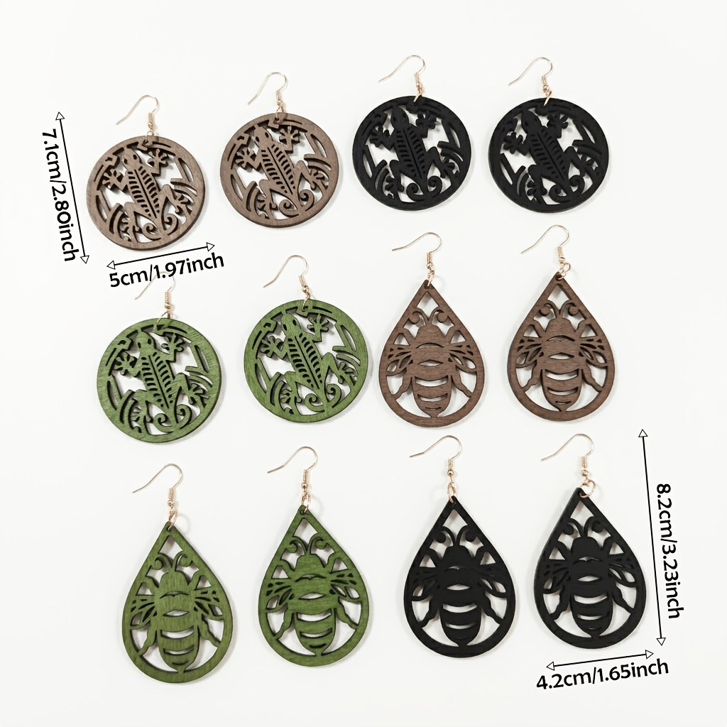 3 Pair Multicolor Bee & Lizard Animal Shaped Dangle Earrings Set
