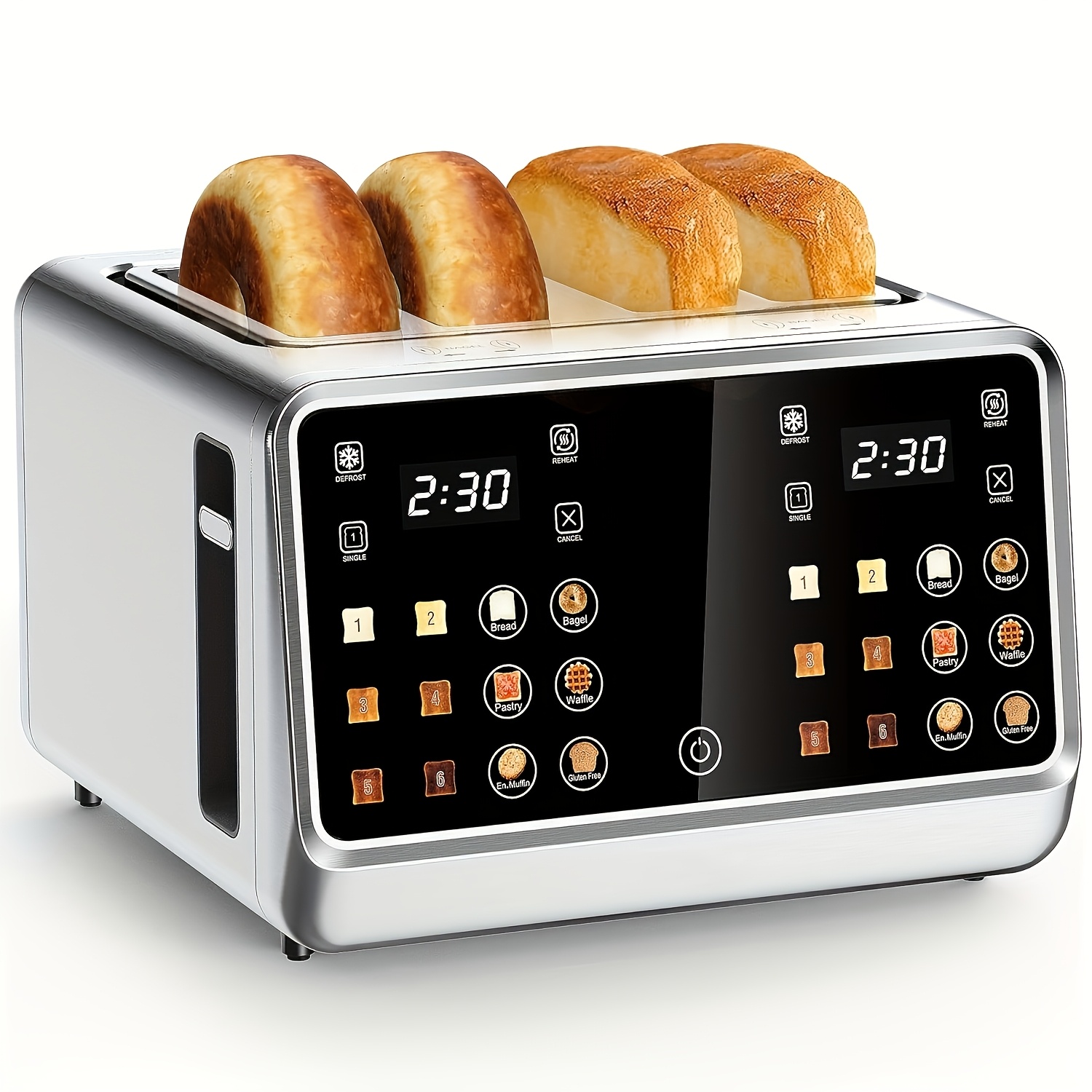 4- Toaster, Digital Smart Toaster With Touch Screen, Panel, Single-slot Toasting, Timer, Heating And Defrosting Functions, Suitable For , Bread, , Stainless Steel Kitchen Essential, 1600w