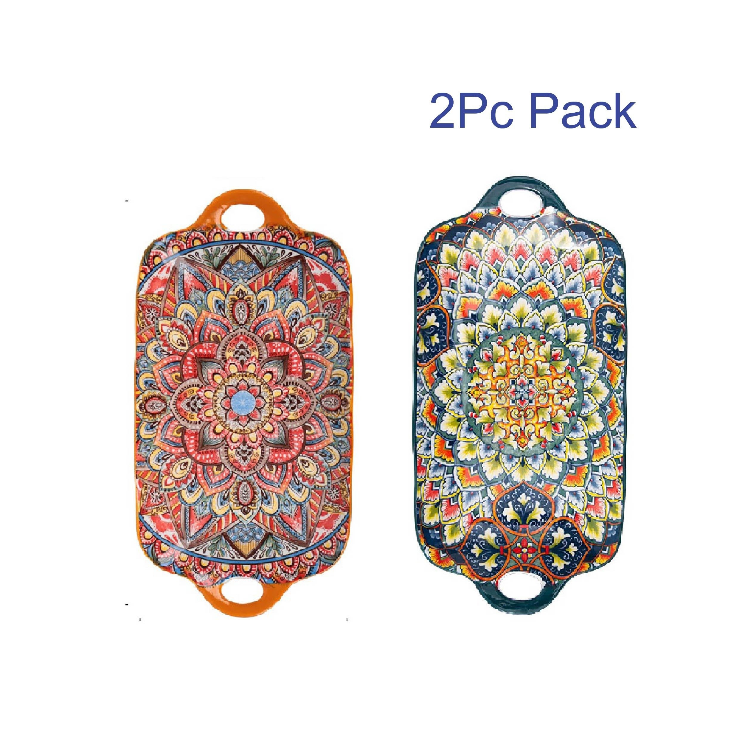 A Set Of Two, 12.6-inch Rectangular Trays With Handles, Bohemian Style Ceramic Dinner Plates, Ceramic Salad Plates, Sushi Plates, Serving Platters