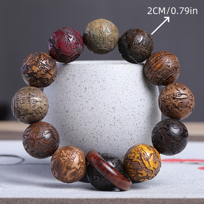 Handcrafted 20mm Diameter Carved Flower Zodiac Bead Bracelet, Unisex