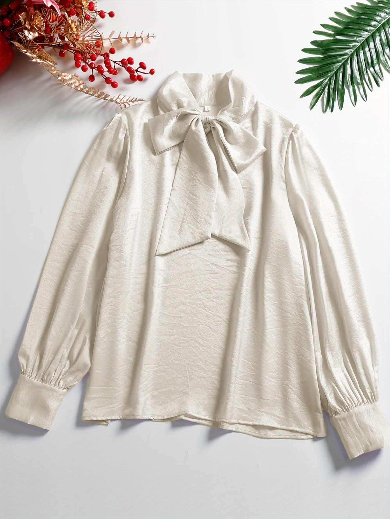 womens satin blouse bow tie detail shirt puff sleeve long - Temu