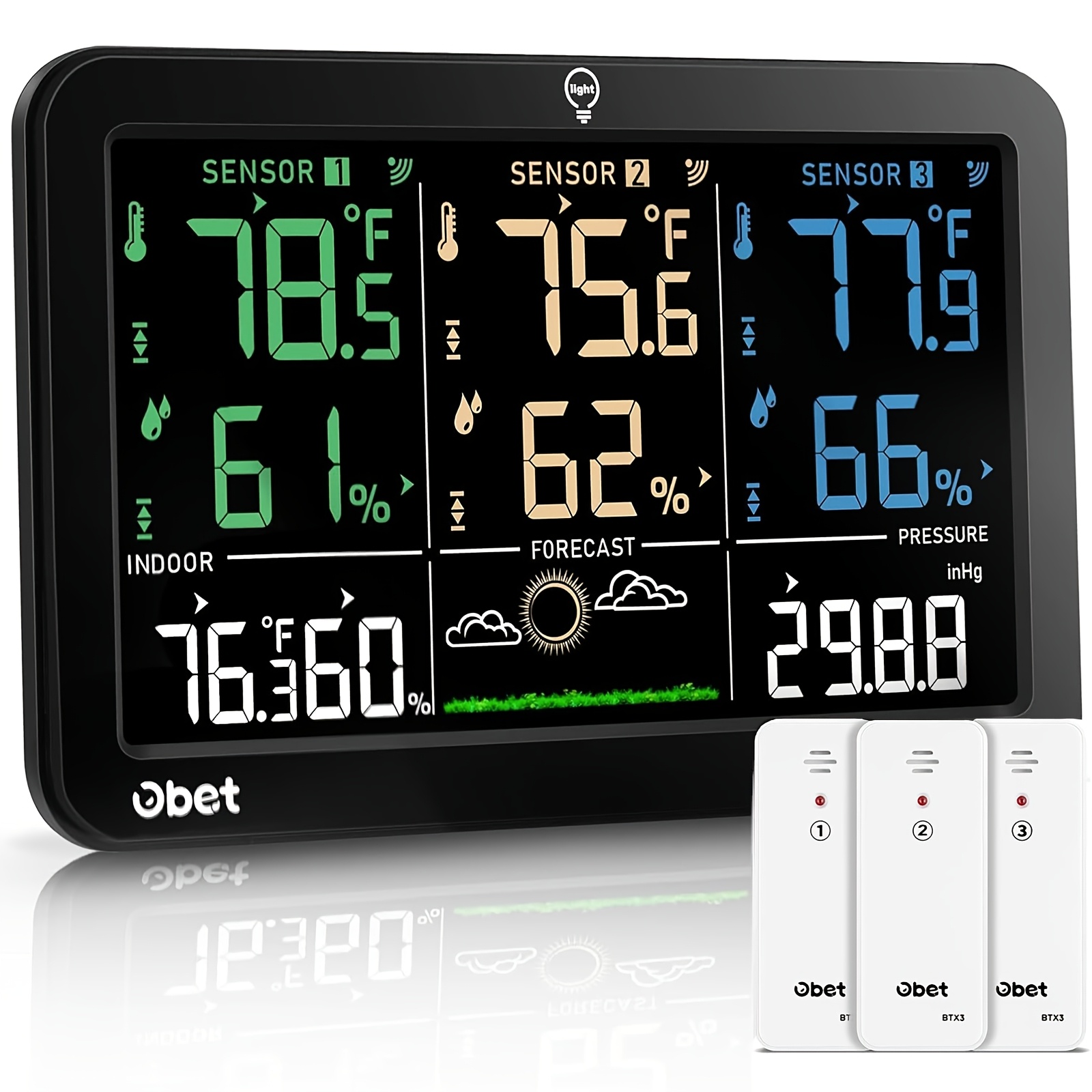 TEMU Indoor Outdoor Thermometer Wireless Digital Hygrometer Temperature Gauge With Backlight, With 3 Wireless Remote Sensors, Dual Scale (/), Temp