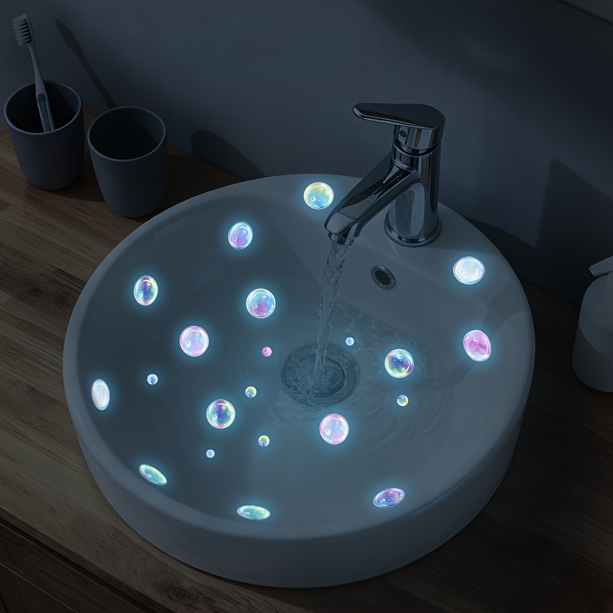 Image of -the-dark Bubble Theme Wall Sticker For Bathroom Sink | Self-adhesive, Removable, Fantasy Night Scene Decor, Polyvinyl Chloride Material, Semi-matte End