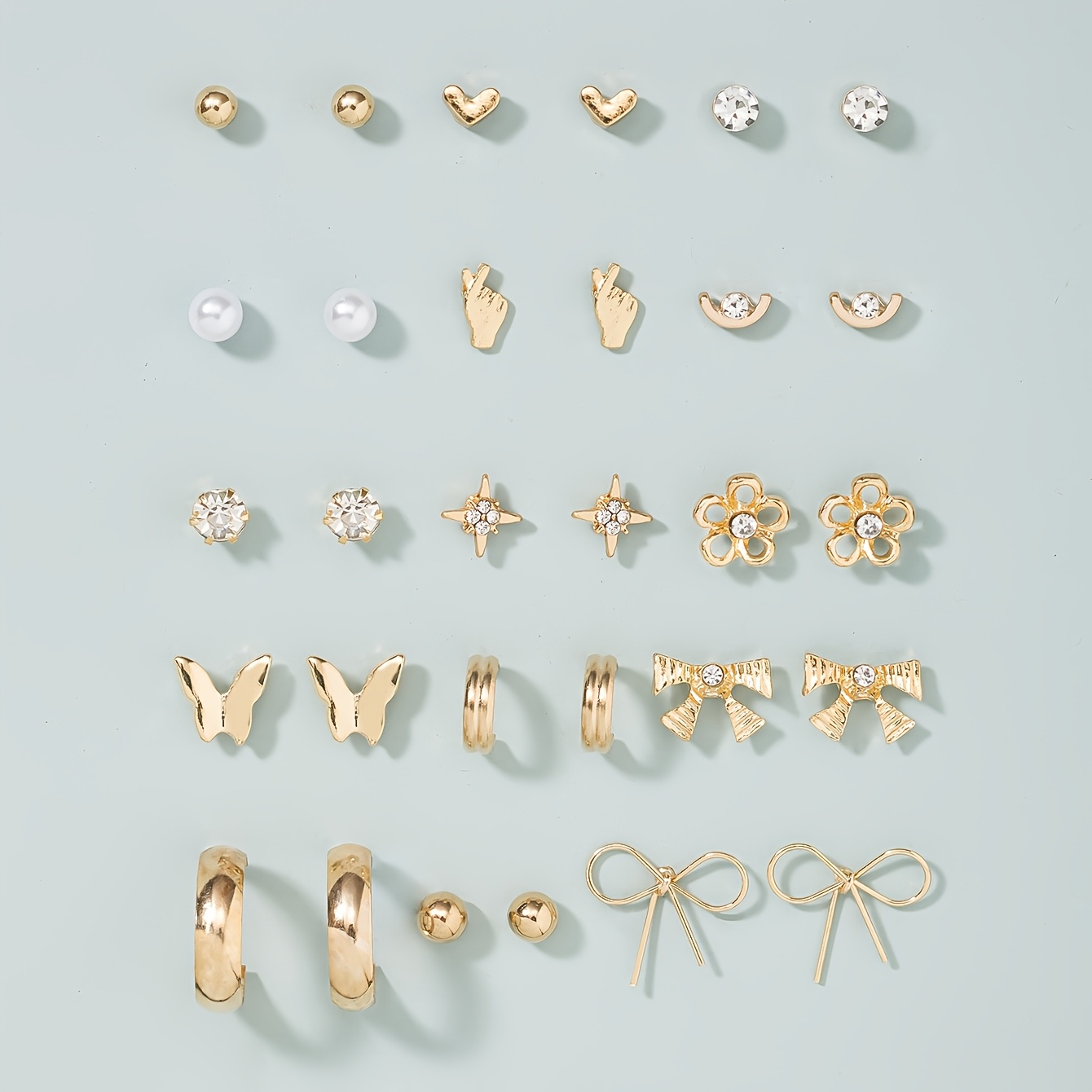 TEMU 1 Ensemble de 15 Paires de Boucles d'Oreilles à Clous Mode avec Nœuds, Cœurs et Fleurs pour Femmes, Bijou Cadeau de Fête, Ensemble Multipièces