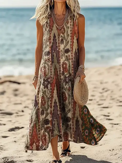 Women's Vintage Ethnic * Print V-Neck Sleeveless Dress - Bohemian Style Casual Dress - A-Line Maxi Dress for Vacation, Party, Beach, and Dates + BK Women's Vintage Ethnic * Print V-Neck Sleeveless Dress - Bohemian Style Casual Dress - A-Line Maxi Dress for Vacation, Party, Beach, and Dates + BK