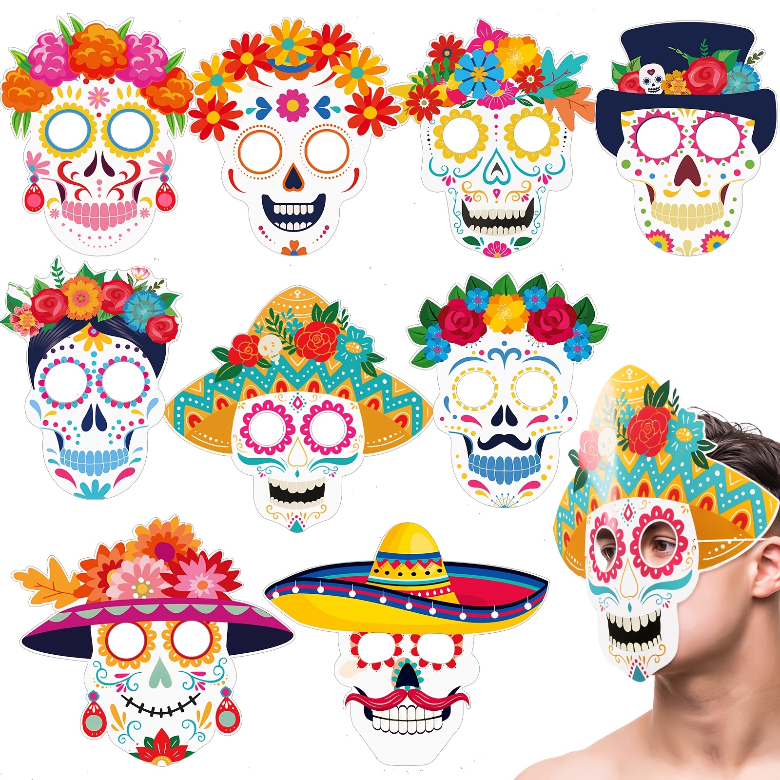 TEMU 9pcs Masks Halloween Dia De Los Muertos Costume Decoration Skeleton Sugar Face Mask Accessories For Party