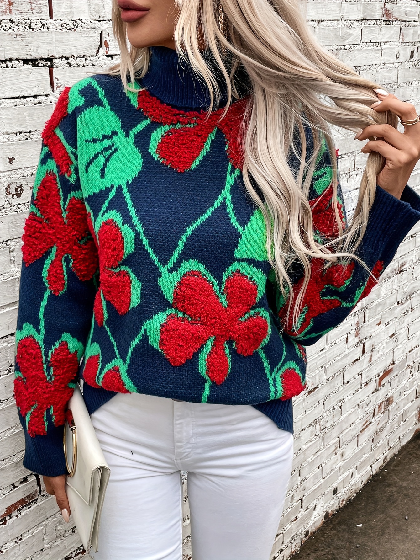 langarmshirt blumenmuster lässiger rollkragenpullover winter