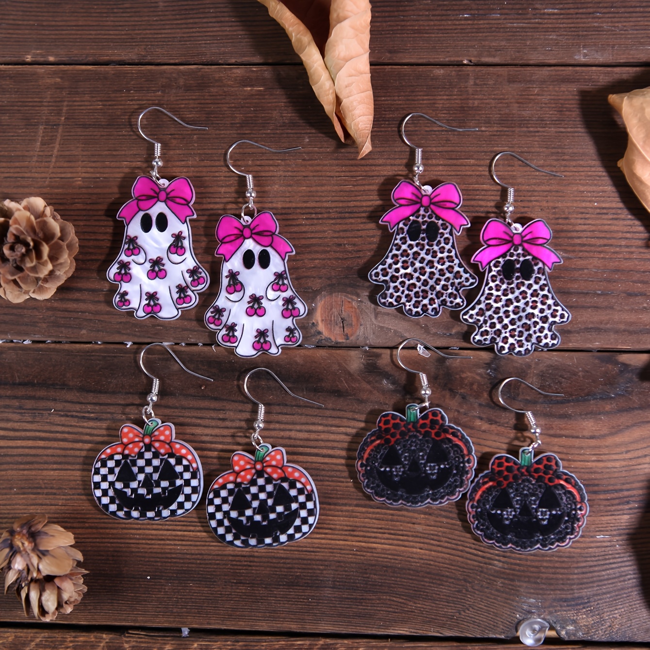 Handmade Glossy Resin Dangle Drop Earrings with Cherry Leopard Print