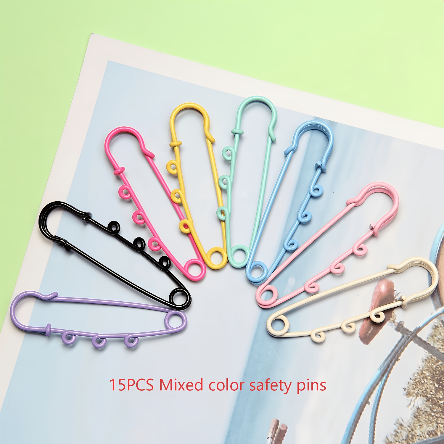 TEMU 15pcs Mixed Safety Pins 6cm 3-hole Multicolor Brooch Pins For Waist Cinching Charms Additions, Christmas And New Year Gift