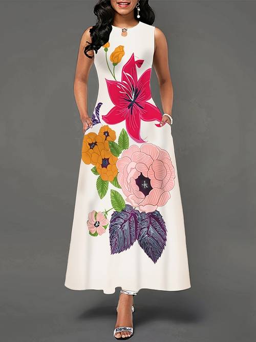 Artikelbild damens sommerkleid mit blumenmuster – ärmelloses a-linien-kleid mit , leichtes rundhals-partyoutfit für feiern & freizeit, nicht durchsichtiges material