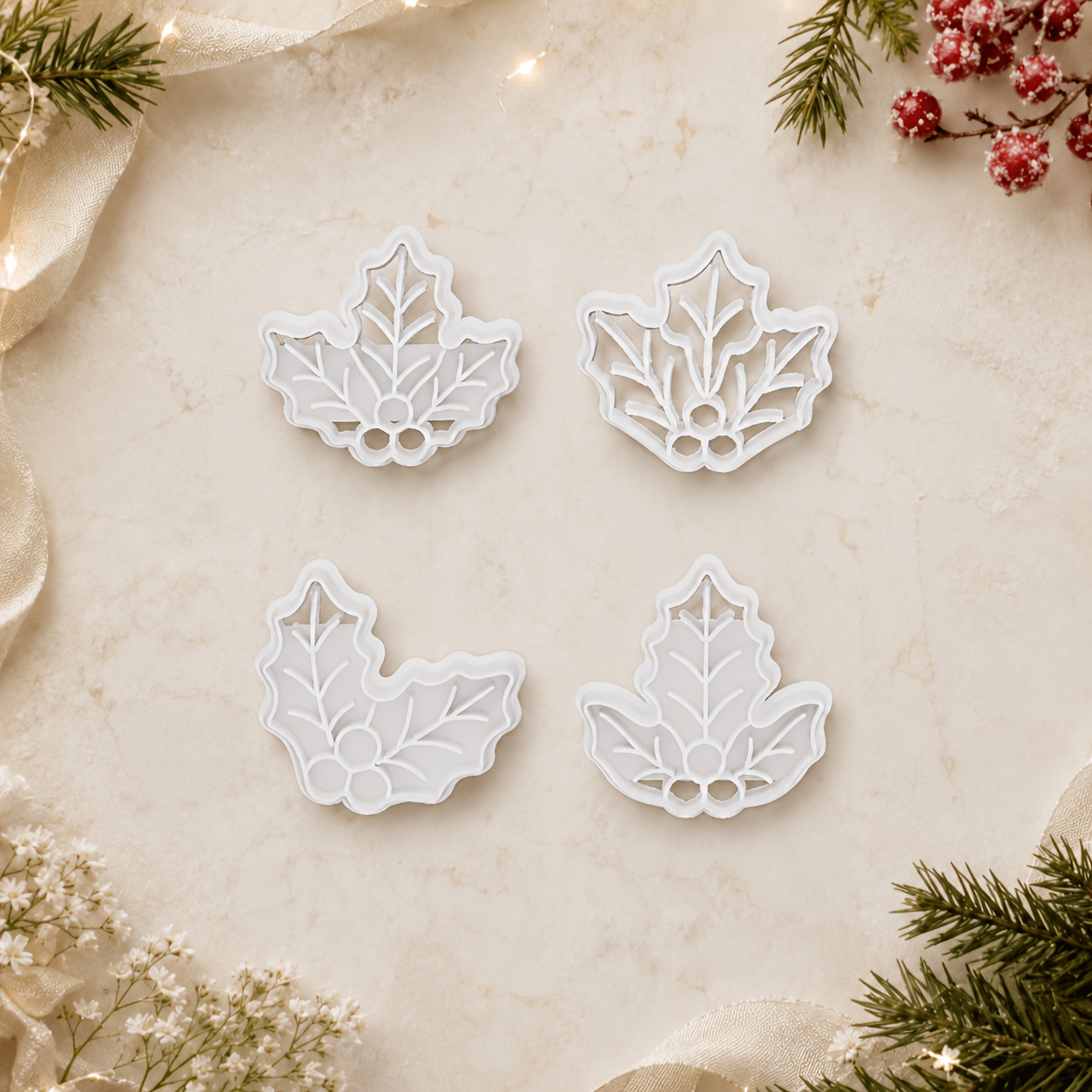 TEMU 4 pièces Emporte-pièces en Polymère Feuille de Houx de Noël, Divers Moules en Feuille de Houx, Moules en de Feuille de Houx, Outils de