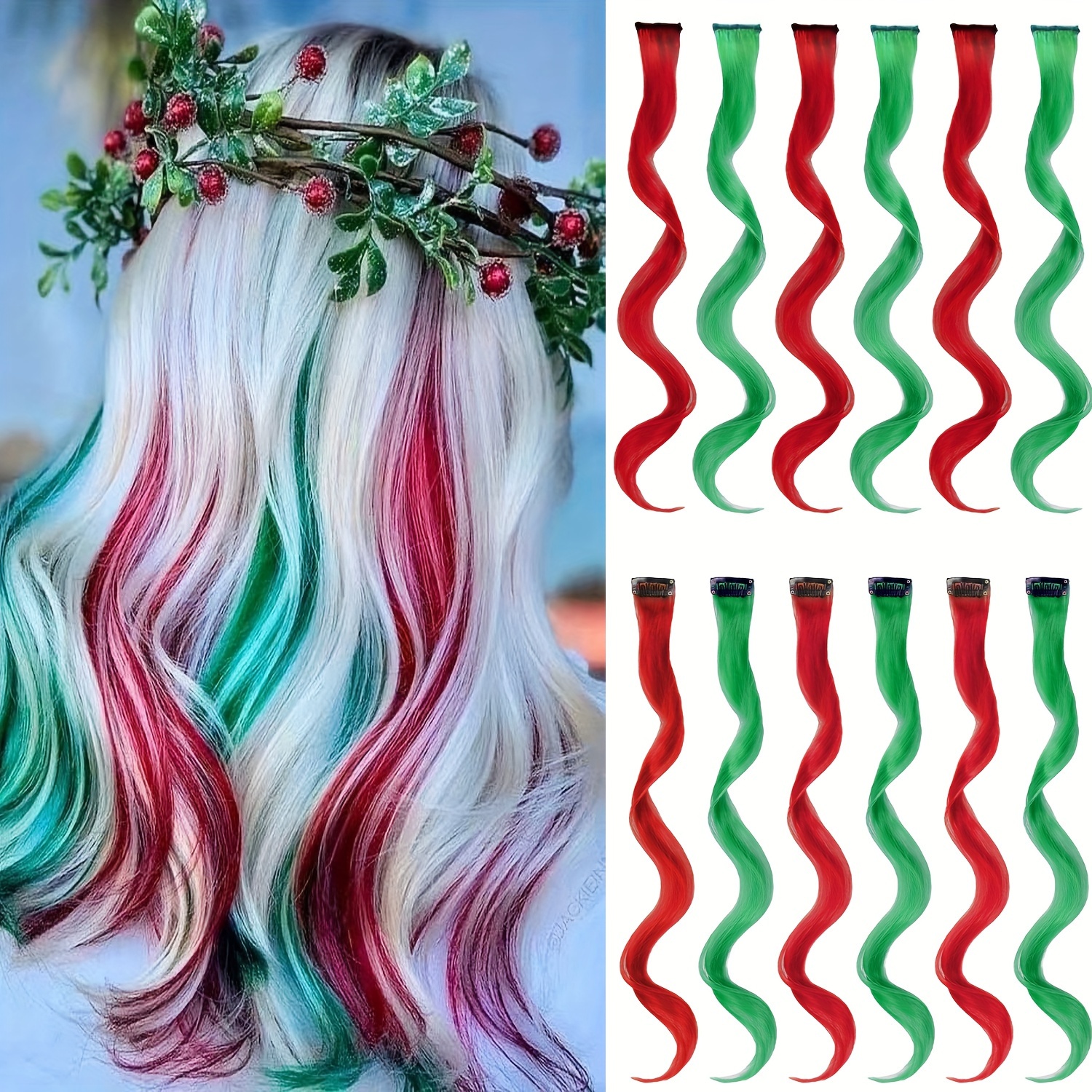 

Yongyi 12pcs Vibrant Red & Green Clip-in Hair Extensions, 20" Curly Synthetic Hair For Women - Christmas, New Year, Halloween, Cosplay &