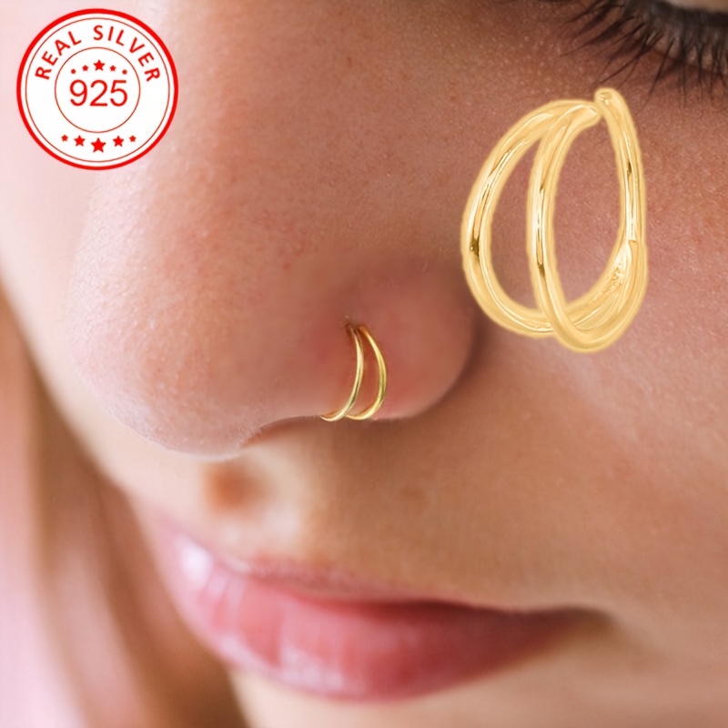 Image of 1pc, Women's Body Piercing Ring Nose Ring, Plain Double Layer + Shiny Stacked, S925 Silver, Festival Vacation Daily Wear Gift, Hypoallergenic
