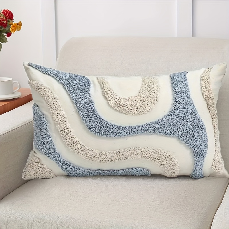 Image of Blue And White Minimalist Geometric Loop Pile Pillowcase, Suitable For Home Sofas And Office Throw Pillows