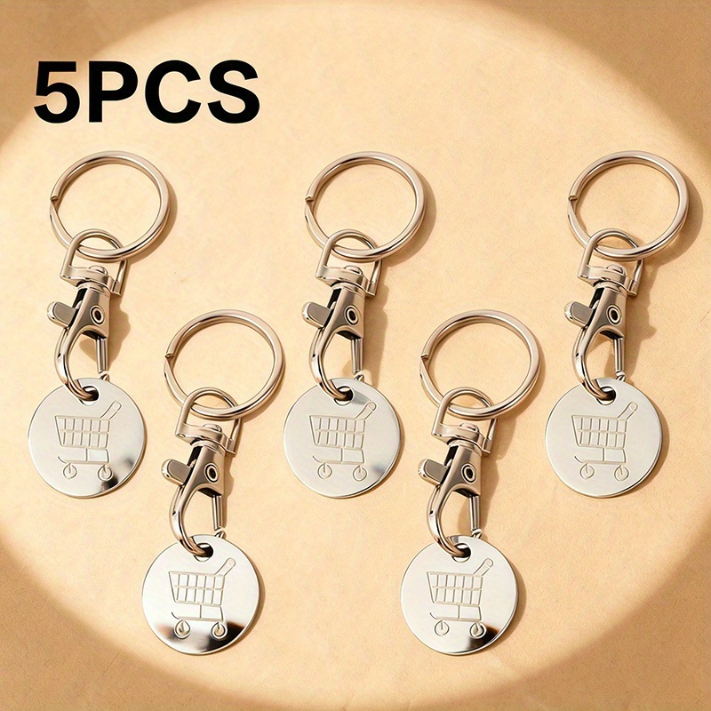 Image of 5pcs Set Silvery Stainless Steel Token Keychain Supermarket Shopping Cart Laser Logo Metal Shopping Coin Keychain