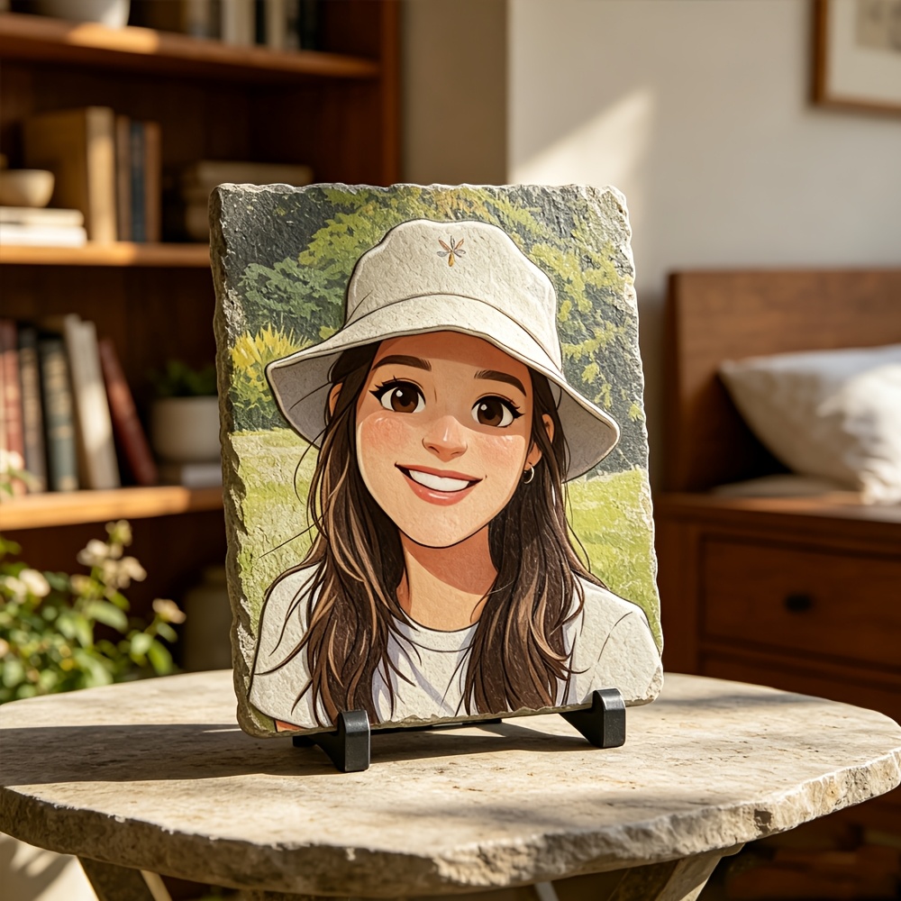 TEMU Personalized Photo Slate Plaque With Stand - Custom Uv Printed Family Keepsake, Customizable Photo Frame Stone For Bedroom Nightstand & Home