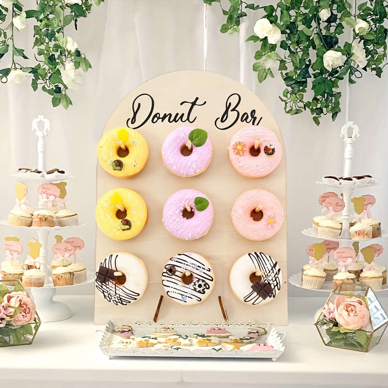 1 set wooden donut stand holder with 9 pegs round arch display for colorful doughnuts ideal for bridal showers wedding anniversaries birthday parties party dessert display rustic charm decor wooden display board donut party decorations